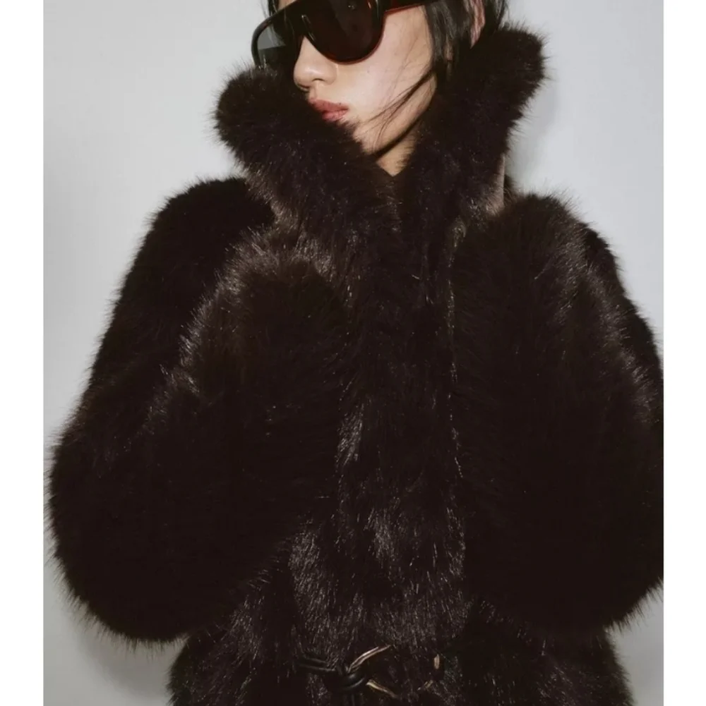ZARA Women's Faux Fur Coat with Belt(Brown, US XS, S, M,L/EUR XS, S, M, L) - Picture 3 of 15